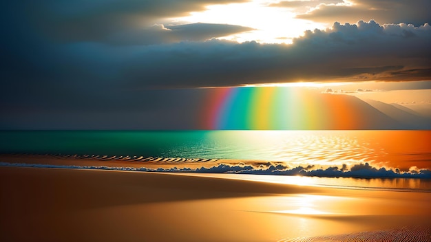 Foto eines lebendigen Regenbogens, der sich über einem malerischen Strand über den Himmel erstreckt