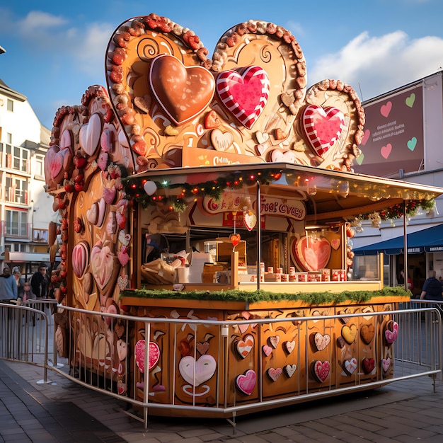 Foto eines Lebkuchenherzstandes auf einem bunten Jahrmarkt