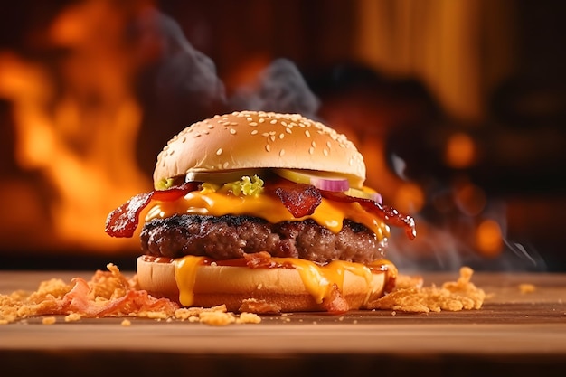 Foto eines leckeren Hamburgers auf dem Hintergrund des Feuers