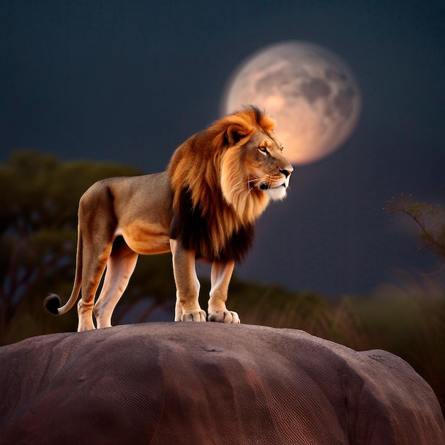 Foto eines Löwen auf einem Felsen Afrika natürliche Landschaft Mond in der Dämmerung