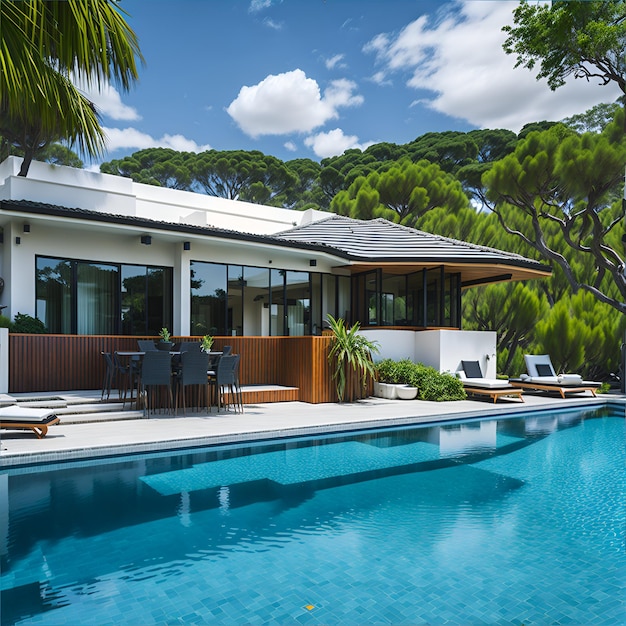 Foto eines luxuriösen Hauses mit einem atemberaubenden Pool im Vorgarten