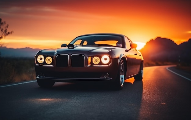 Foto foto eines luxusautos in der abendlichen natur auf der straße