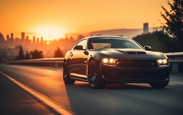 Foto eines Luxusautos in der abendlichen Natur auf der Straße