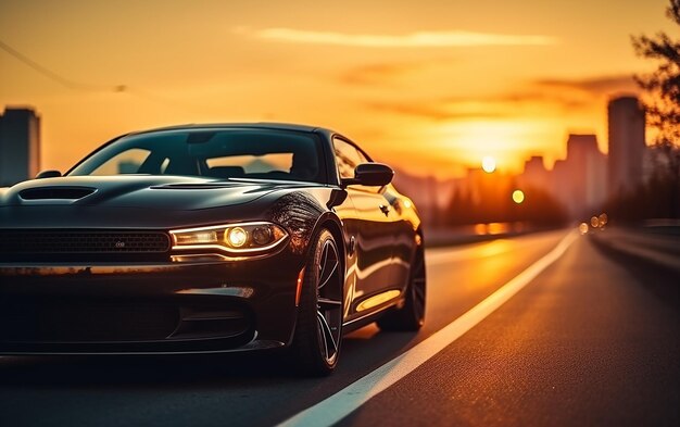 Foto eines Luxusautos in der abendlichen Natur auf der Straße