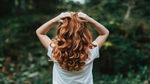 Foto eines Mädchens mit roten lockigen Haaren, das zur Kamera zurücksteht