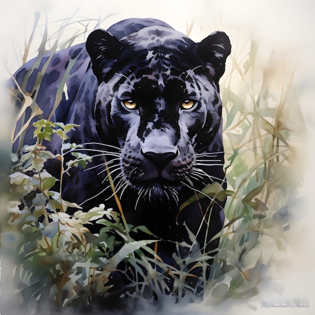 Foto eines majestätischen schwarzen Panthers, der sich im Gras versteckt