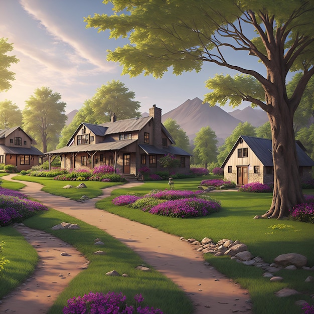 Foto eines malerischen Pfades, der zu einem charmanten Haus in einer ruhigen Umgebung führt