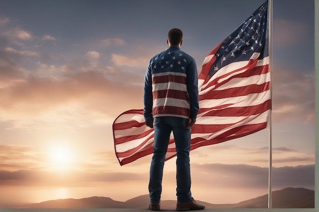 Foto eines Mannes, der bei Sonnenaufgang die USA-Flagge hält, Blick auf New York City