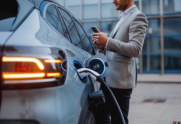 Foto foto eines mannes, der ein elektroauto auf das ladegerät legt