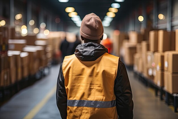 Foto eines Mannes, der in einem Paketlieferungslager läuft, das von hinten aufgenommen wurde