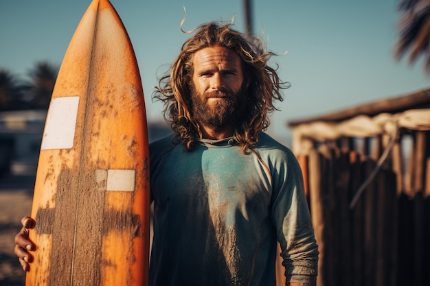 Foto eines Mannes, der sein Surfbrett hält