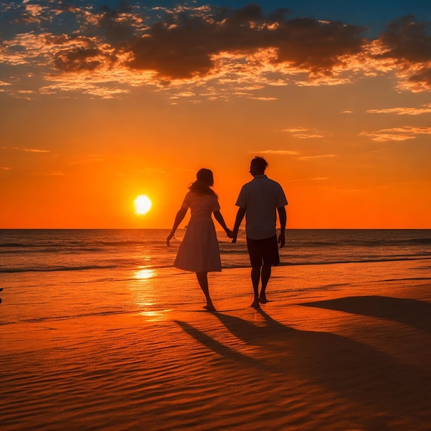 Foto eines Mannes und eines Mädchens, die am Strand spazieren gehen und die Sonne hinter ihnen untergeht