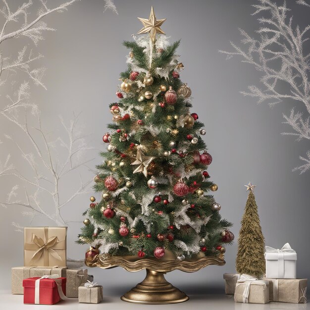 Foto eines Mini-Weihnachtsbaums mit Ornamenten darauf und Geschenken darunter für Weihnachten Hintergrundbanner oder Poster