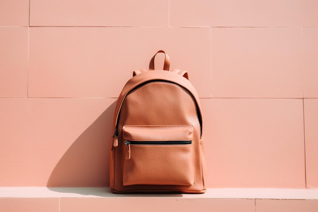 Foto eines minimalistischen Lederrucksacks vor einer hellen Pastellwand