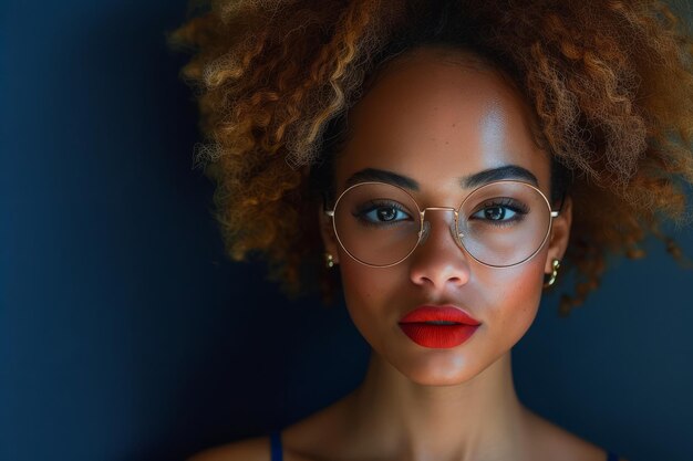 Foto eines Models auf einem minimalistischen Hintergrund eine charismatische moderne junge afroamerikanische Frau mit Brille