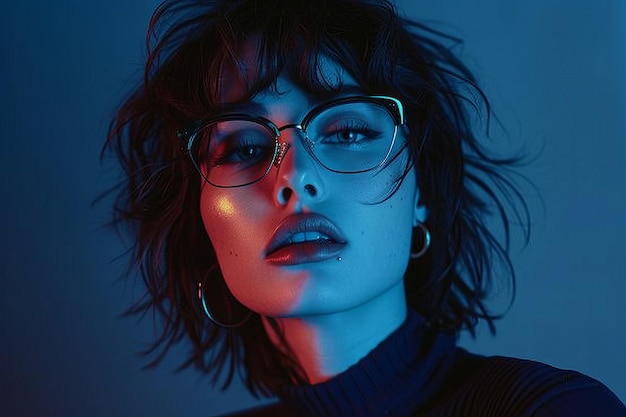 Foto eines Models auf einem minimalistischen Hintergrund eine charismatische moderne junge Frau der Generation Z mit Brille Neonlicht ist warm und kalt