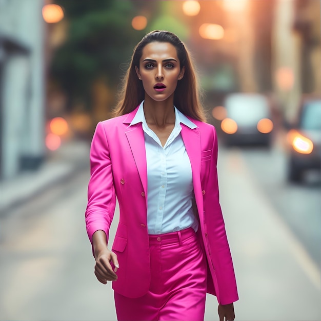 Foto eines Models, das in einem Büroanzug die Straße entlang läuft