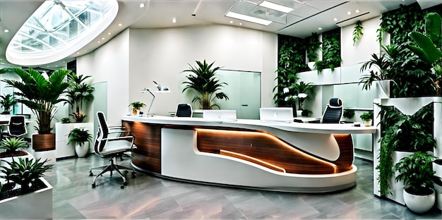 Foto eines modernen Büros mit einem gekrümmten Schreibtisch und Topfpflanzen
