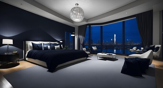 Foto eines modernen Schlafzimmers mit atemberaubender Aussicht auf die Skyline der Stadt