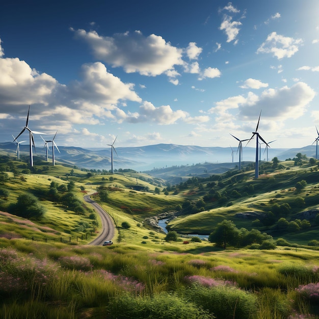 Foto eines modernen und zukünftigen Windparks Das Hauptthema des Bildes bezieht sich auf grüne Energie