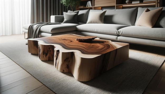 Foto eines modernen Wohnzimmer-Interiors mit einem Live-Edge-Holz-Akzent-Coffee-Tisch