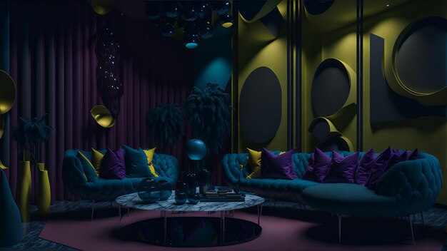 Foto eines modernen Wohnzimmers, das mit leuchtend lila und grünen Möbeln gefüllt ist
