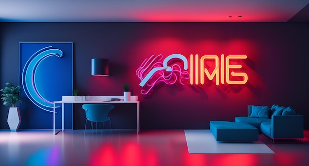 Foto eines modernen Wohnzimmers mit Neonschild und stilvollen Möbeln