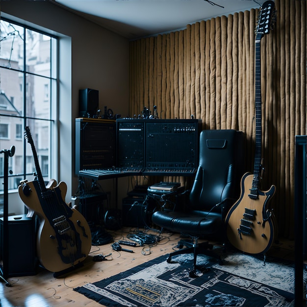 Foto eines Musikzimmers voller Gitarren und anderer Musikausrüstung