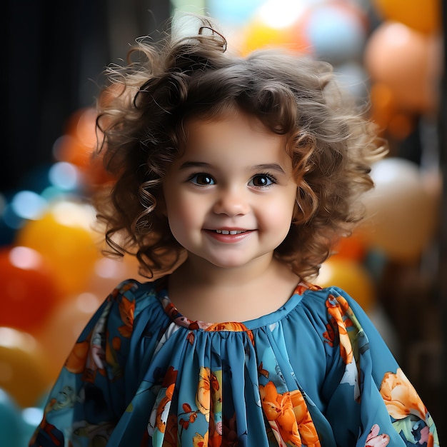 Foto eines neugeborenen Babys, das ein süßes blaues Babykleid trägt, farbenfrohe Fotografie