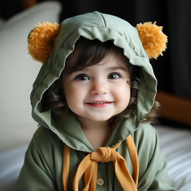 Foto eines neugeborenen Babys, das ein süßes grünes Babykleid trägt, farbenfrohe Fotografie