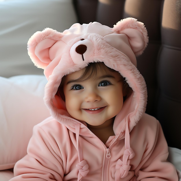 Foto eines neugeborenen Babys, das ein süßes rosa Babykleid trägt, farbenfrohe Fotografie