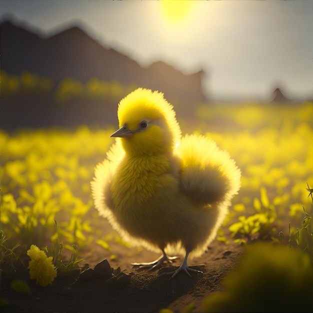 Foto eines niedlichen gelben Kükens, das in einem Feld mit leuchtend gelben Blumen steht