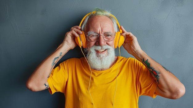 Foto eines optimistischen alten Mannes, der Musik hört, Arme tanzt, Kopfhörer trägt, Brillen auf gelbem Hintergrund isoliert