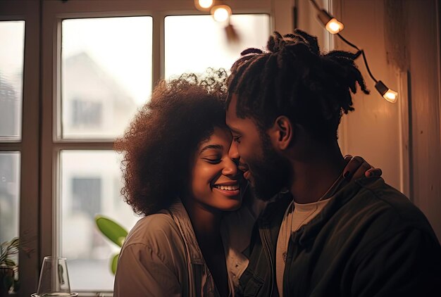 Foto eines Paares, das sich küsst oder umarmt, während es zu Hause im Stil der schwarzen Künste sitzt