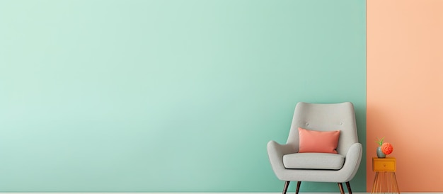 Foto eines pastellfarbenen Raumes mit einem Stuhl als Mittelpunkt und Platz zum Kopieren
