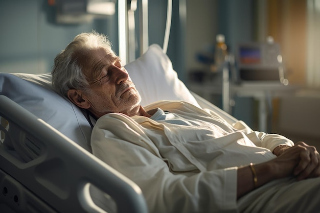 Foto eines Patienten, der in einem Krankenhausbett döst