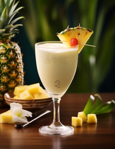 Foto eines Pina Colada-Getränks, das elegant auf einem Tisch platziert ist