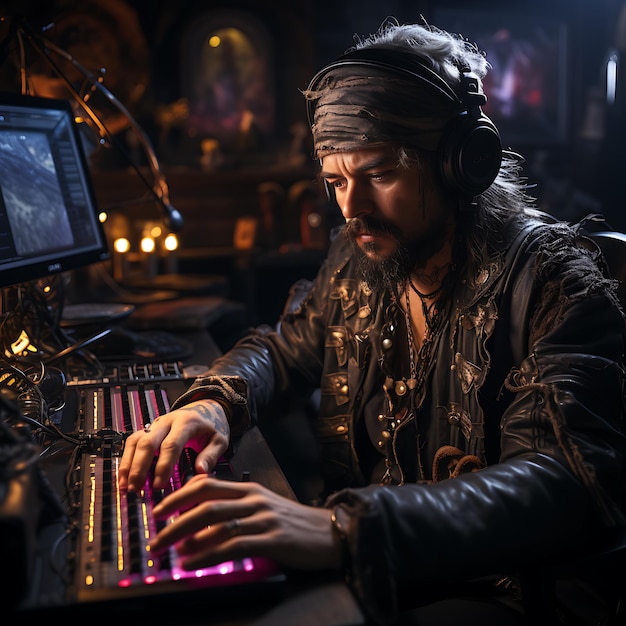Foto eines Piraten-DJ-Produzenten, der in seinem Studio mit echter Ausrüstung Musik kreiert