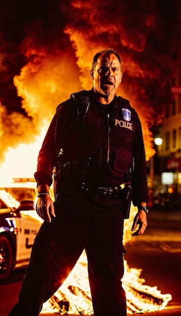 Foto eines Polizisten, der nachts mit einem Sprengstoff, Feuer und Rauch im Hintergrund steht.