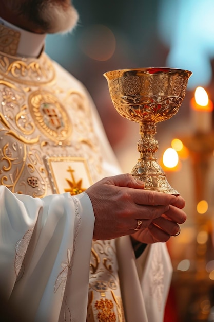 Foto foto eines priesters, der ein ziborium trägt