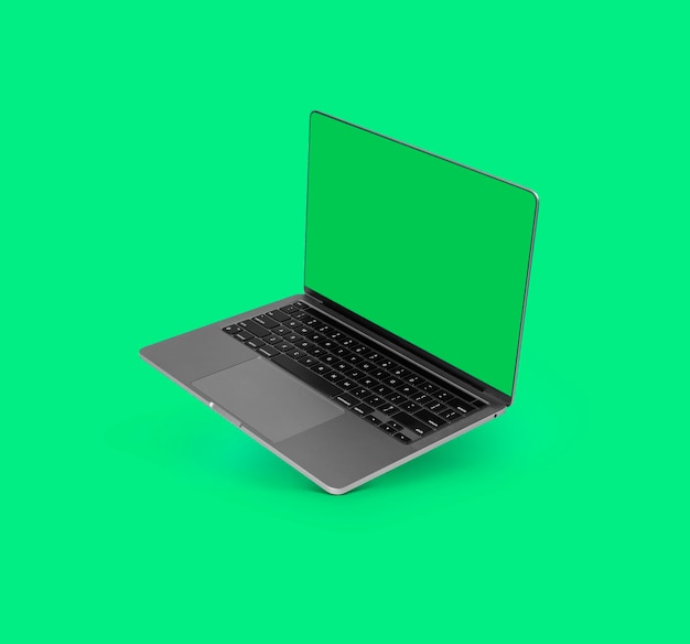 Foto eines realistischen modernen Laptops mit leerem grünen Bildschirm, der vor einem grünen Hintergrund schwebt