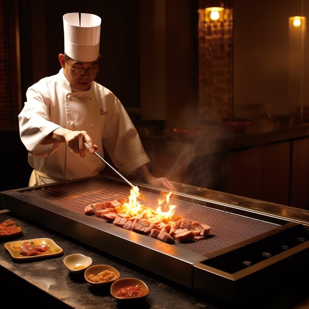 Foto eines rechteckigen Teppanyaki mit flacher Spitze beim Kochen