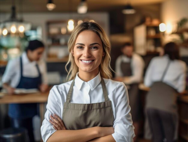 Foto eines Restaurants mit einer Kellnerin im Fokus, die lächelt, generiert von KI