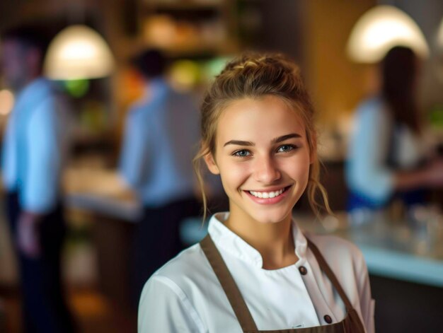 Foto eines Restaurants mit einer Kellnerin im Fokus, die lächelt, generiert von KI