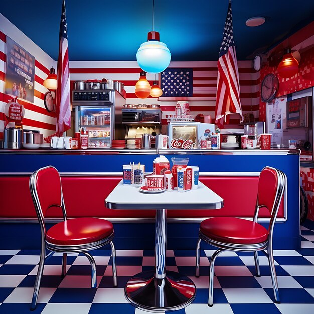 Foto foto eines retro-diners mit einem lebendigen pop-art-hintergrund mit amerikanischer flagge im pop-art-genre