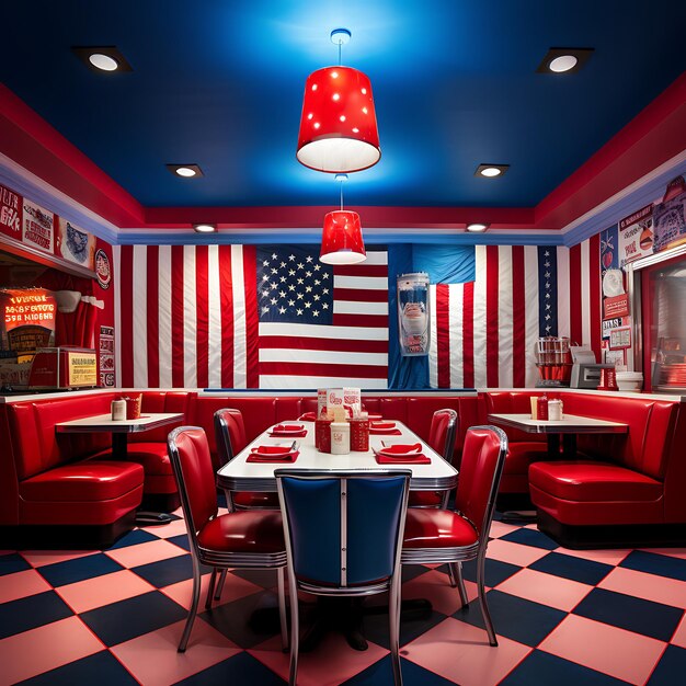 Foto foto eines retro-diners mit einem lebendigen pop-art-hintergrund mit amerikanischer flagge im pop-art-genre
