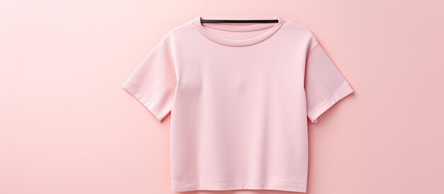 Foto eines rosa T-Shirts, das an einer rosa Wand hängt, mit leerem Platz für Kopie mit Kopieplatz