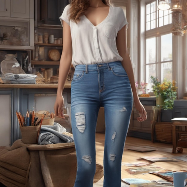 Foto eines schönen Mädchenmodells, das ein marineblaues Jeans-Outfit trägt