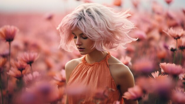 Foto eines schönen Mädchens mit fließendem Haar, das durch Blumen läuft