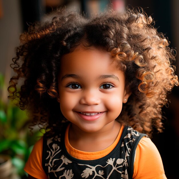 Foto eines schönen Mädchens mit lächelndem Haar voller Locken